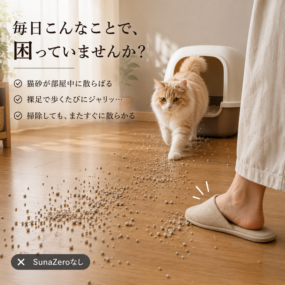 SunaZero™ | 猫砂の散らかりに、さようなら。