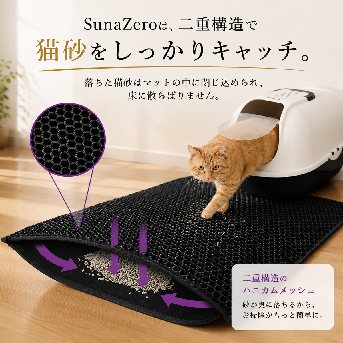 SunaZero™ | 猫砂の散らかりに、さようなら。