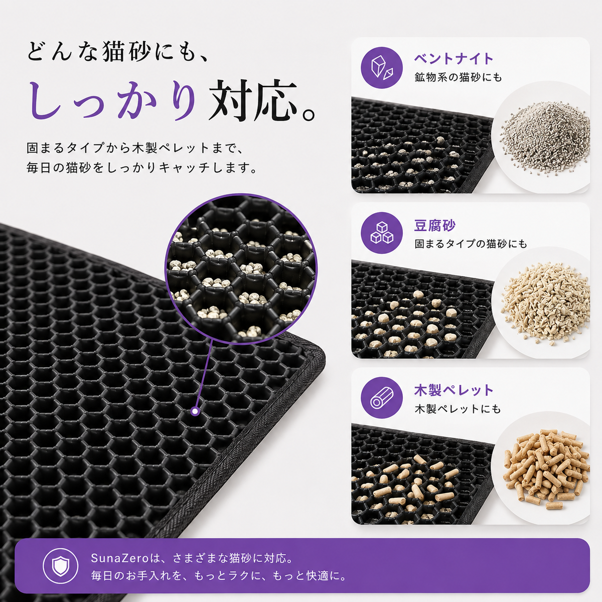 SunaZero™ | 猫砂の散らかりに、さようなら。