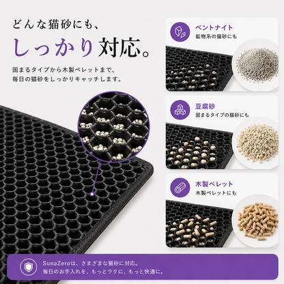 SunaZero™ | 猫砂の散らかりに、さようなら。
